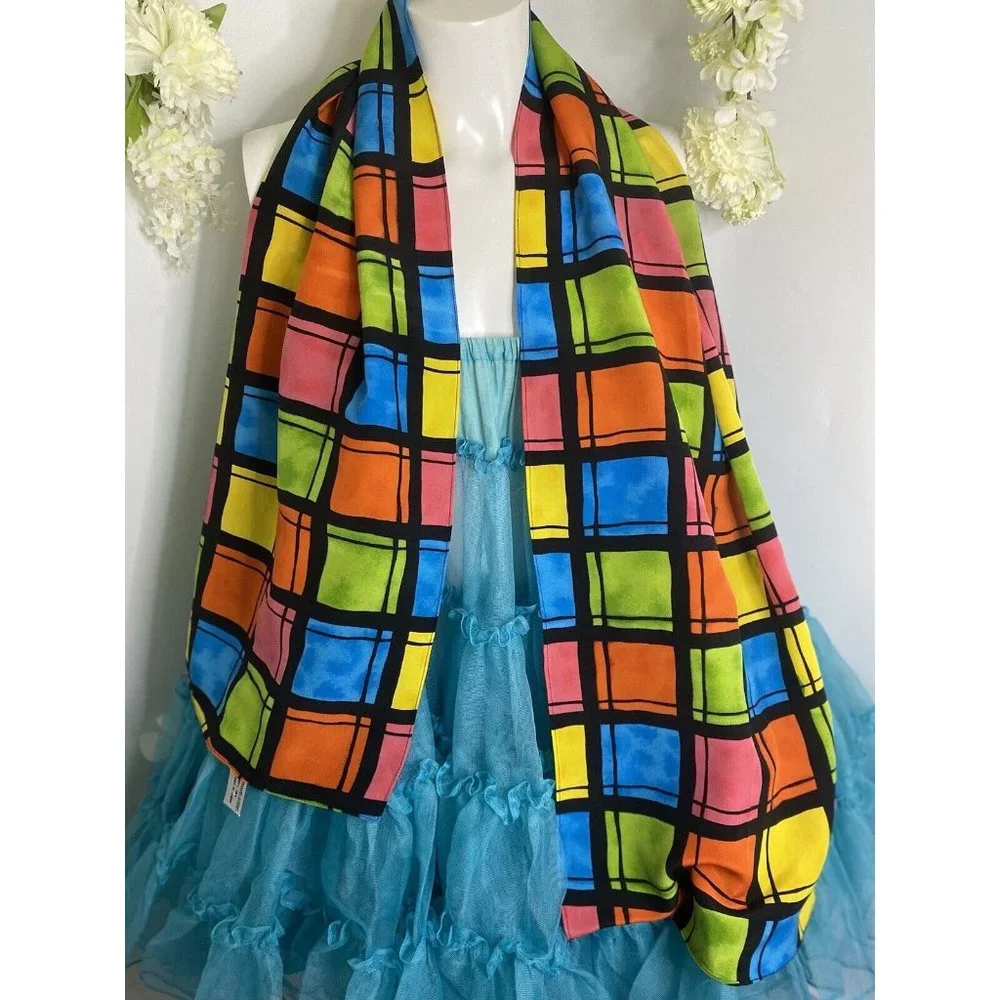 Vintage Travis Ayers Plaid Pattern 100% Silk‎ 12 x 54 Rectangle Scarf Mod Multi